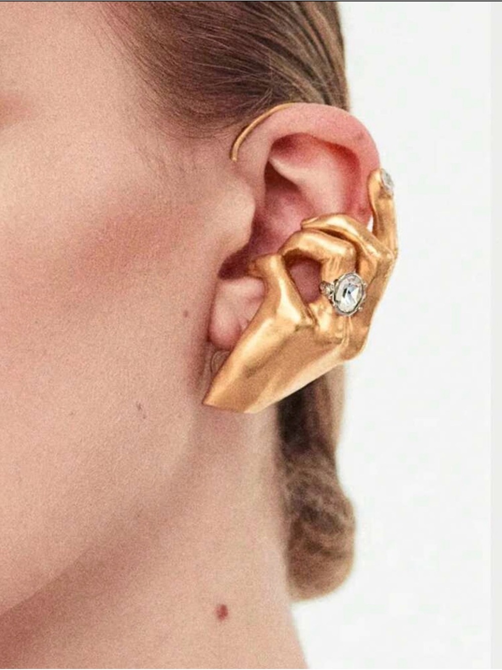 Gold Sculptural Hand Ear Cuff with Crystal Accent